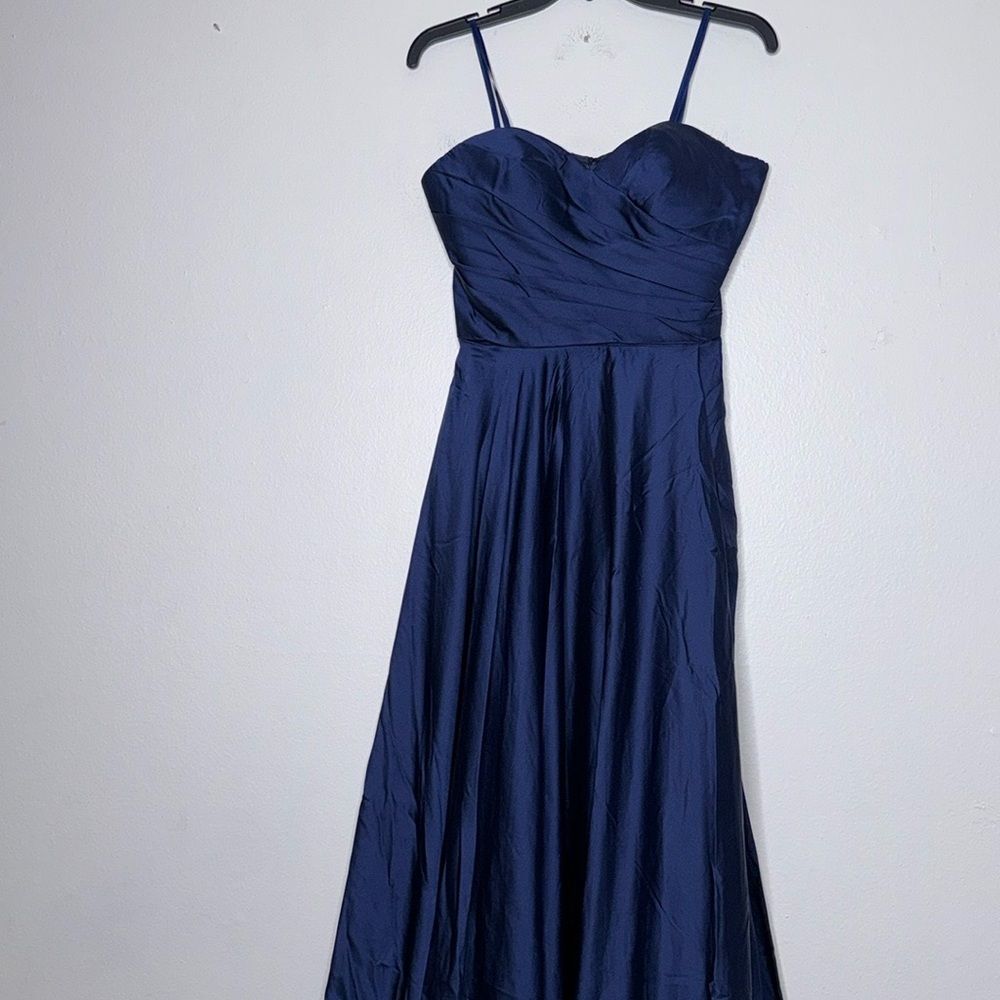 La Femme Womens Size 8 Navy Strapless Slit Satin Ballgown - Picture 8 of 12